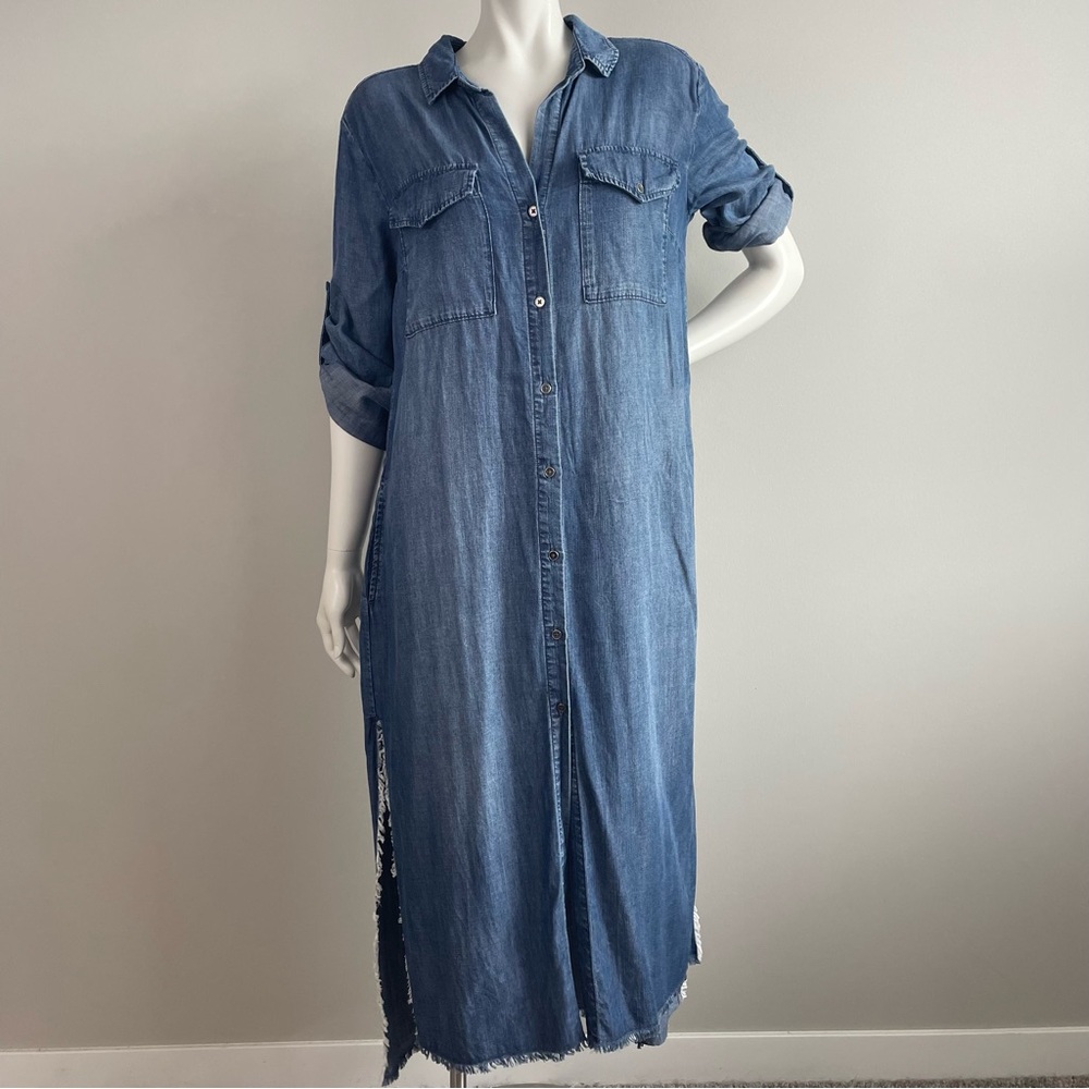 ANTHROPOLOGIE CLOTH & STONE Blue Denim Button Up Side Slit Midi Shirt Dress